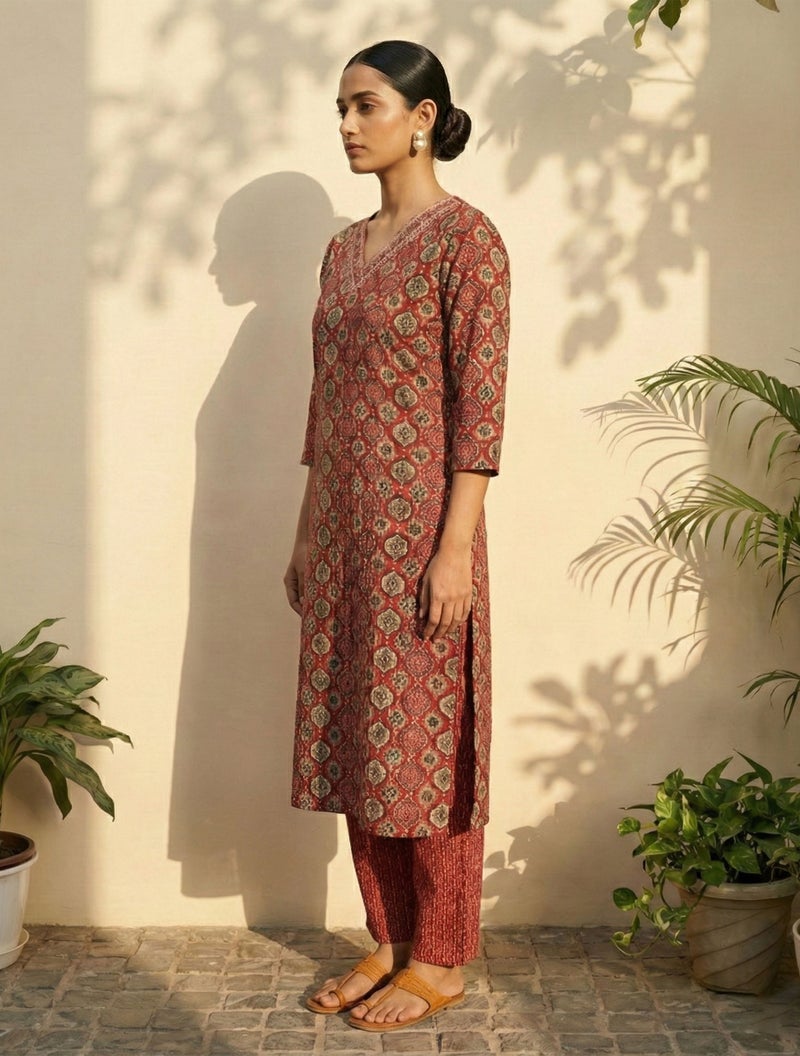 trueBrowns طقم كورتا بنطال دوباتا مزخرف بطباعة حمراء من trueBrowns - Image 3